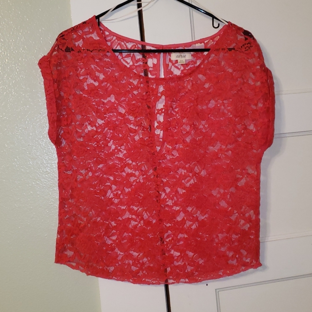 XS Aerie Hot Pink Sheer Floral Lace Top.
